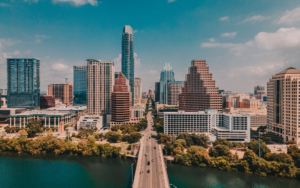 Drone Shot Of Austin Texas And Bridge